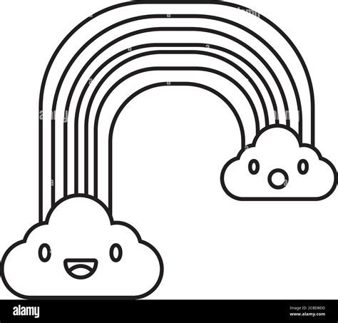 Cute Rainbow With Clouds Kawaii Characters Weather Line Style Vector