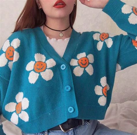 Smiley Sun Flower Blue Knit Sweater Cardigan Cute Outfits Indie