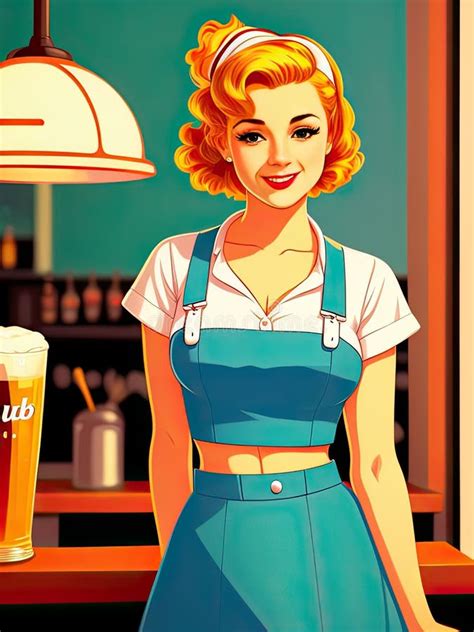 Vintage Pin Up Waitress Cheers With Beer Stock Illustration