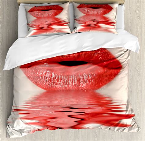 lips duvet cover set king size female figure blowing kisses over water and reflection closeup
