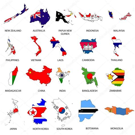 Illustrated Outlines Of Countries With Flag Inside Stock Photo By