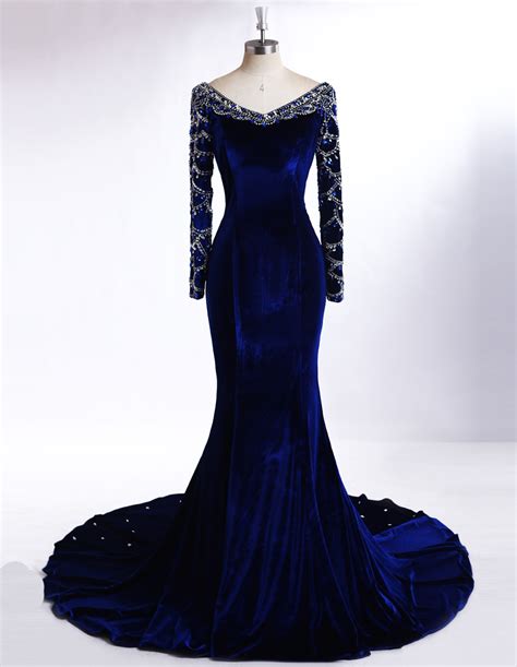 Noble Royal Blue Velvet Evening Dresses With Long Sleeve Real Photos Exquisite Beaded Mermaid