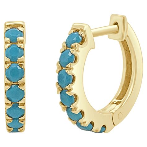 K Yellow Gold Turquoise Huggie Hoop Earrings Gifts For Her For Sale