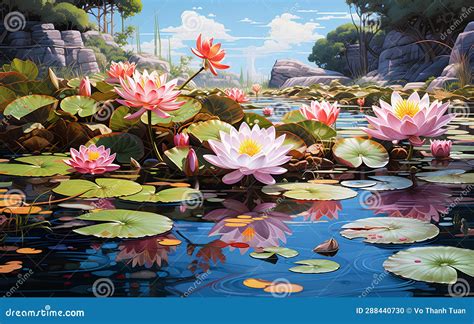Lily Pond Water Art a Serene Wallpaper for Tranquil Spaces Stock