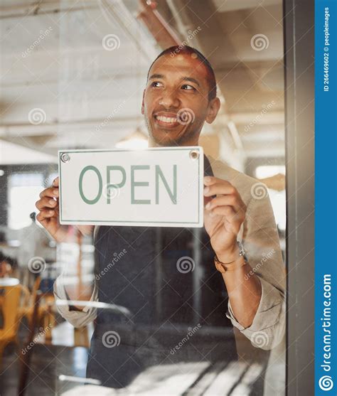 Small Business Owner Advertising That His Store Is Open Bistro Boss Waiting For Customers In