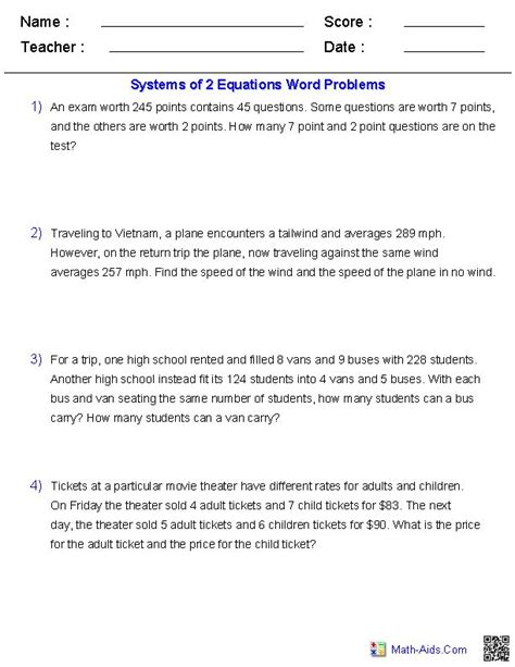 Writing Equations From Word Problems Worksheet 2 Systems Of Equations