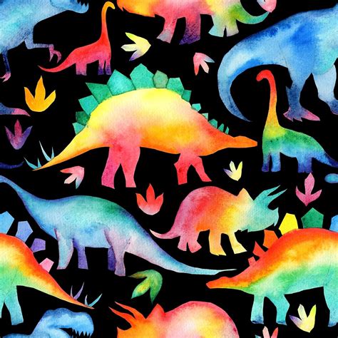 Rainbow Dinosaurs Black Background By Emery Smith Redbubble