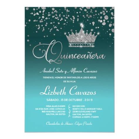 turquoise blue silver confetti quinceanera spanish invitation spanish invitations