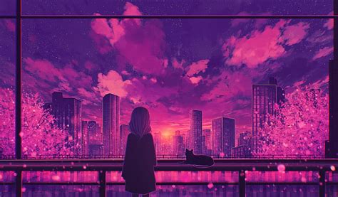 Anime Anime Girls Nubes Ciudad Estrellas Puesta De Sol Hasta Los