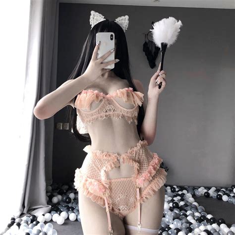2021 new women sexy lingerie lace cat girl cosplay costume sling three point bikini set sweet