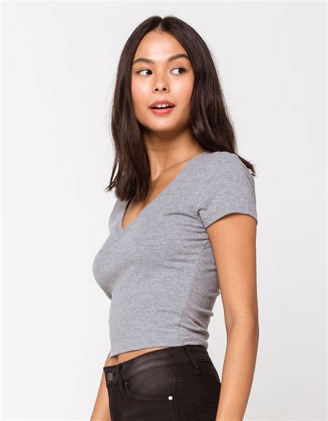 Destined Ribbed V Neck Heather Grey Womens Crop Tee Heather Grey Tillys