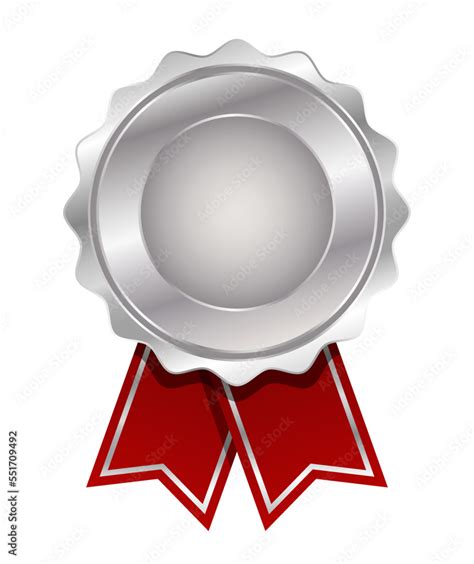 Silver Medal With Red Ribbon Vector Seal Award Silver Medal Badge