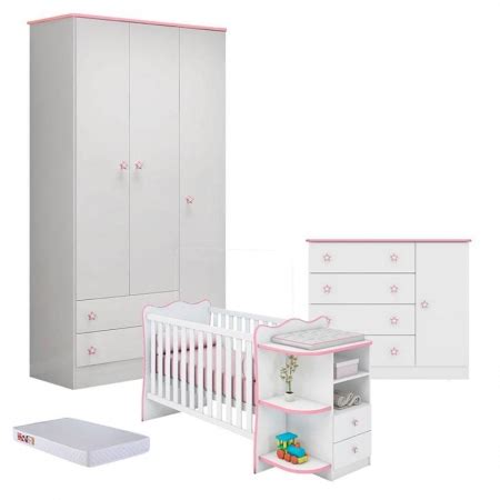 Quarto De Beb Doce Sonho C Moda Ber O Com Cantoneira Branco Rosa E Colch O Qmovi