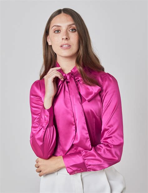 Plain Satin Womens Fitted Blouse With Single Cuff And Pussy Bow In Bright Pink Hawes And Curtis