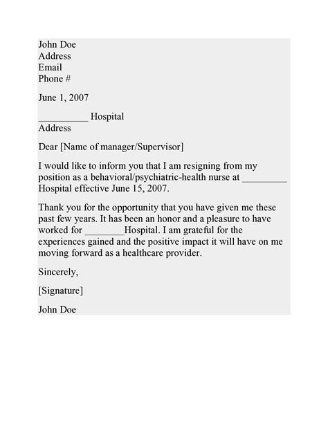 Resignation Letter To Hospital