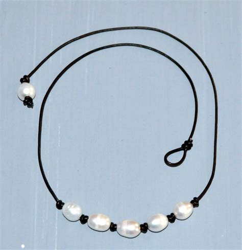 Freshwater Pearl And Leather Necklace White Oval Necklace White Pearls