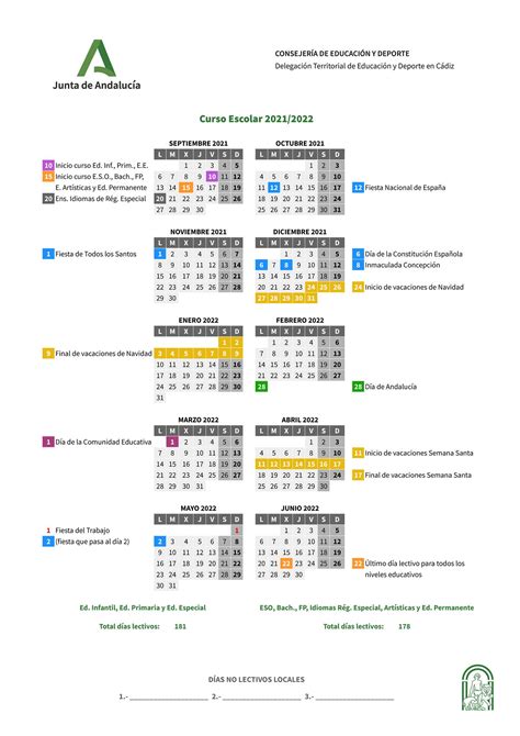 Calendario Escolar 20212022 Secretaría Ies Wenceslao Benítez
