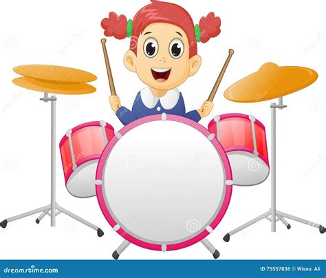Cute Little Girl Playing Drum Stock Vector Illustration Of Cartoon