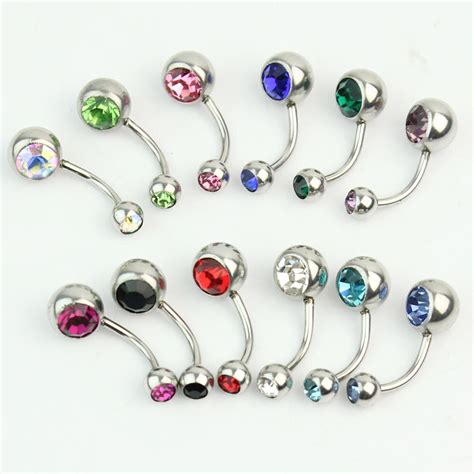 12pcs Multicolor 316l Surgical Steel Double Crystal Rhinestone Ball Belly Button Navel Bar Ring