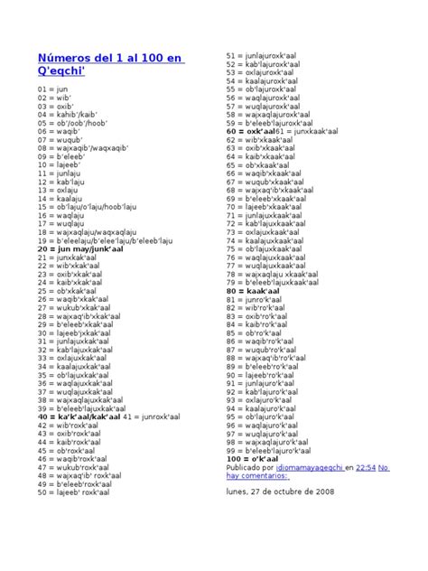 Numeros Del 1 Al 100 En Qeqchi Adjetivo Tipología Lingüística