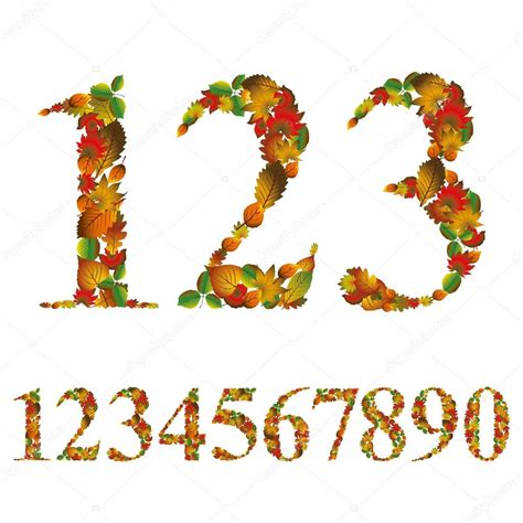 Numbers Made With Leaves Floral Numerals Set Vector Design Stock