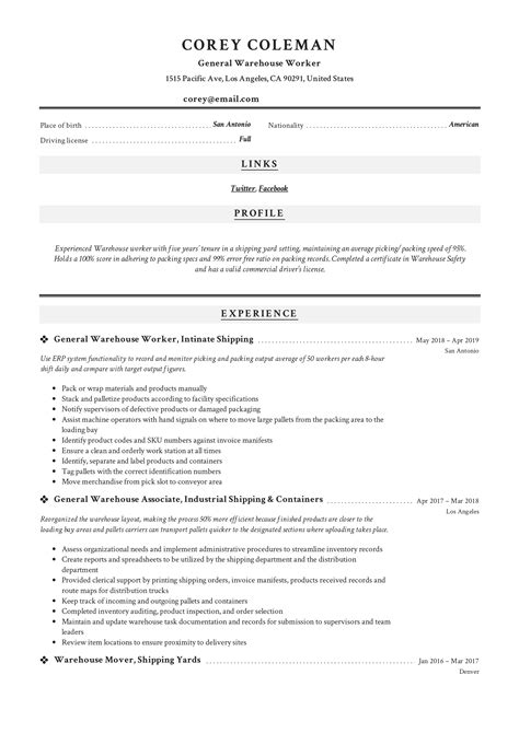 Free Resume Templates For Warehouse Worker