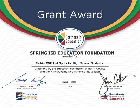 Spring Ef Pie Grant Award Certificate Spring Isd Education Foundation