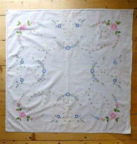 Vintage Linen Tablecloth With Hand Embroidered Flowers 84x82cm Hand