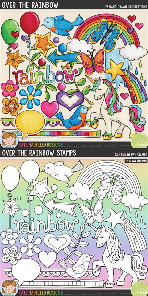 Over The Rainbow Clip Art And Line Art Bundle Hand Drawn Stamp