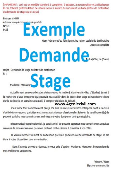 Le parisien propose des lettres types gratuites pour vous aider à simplifier votre quotidien (lettres de motivation professionnel. Télécharger Exemple Demande Stage PDF et word | Cours génie civil - Outils, livres, exercices et ...