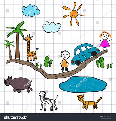 Childrens Drawing Vector Illustration Excursion Savannah Vetor Stock