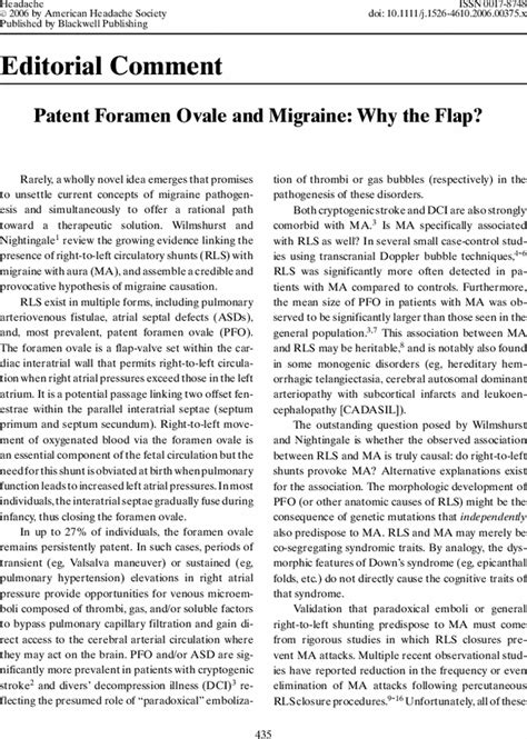 Patent Foramen Ovale And Migraine Why The Flap Shapiro 2006