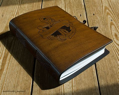 A5 Medium Brown Leather Journal Nautical Anchor And Scroll Design Han