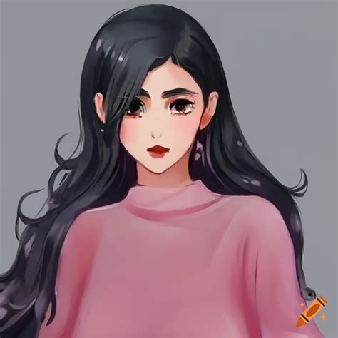 Anime Painting Beautiful Woman With Super Long Wavy Black Hair Brown