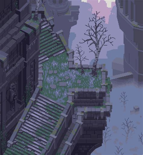 An Image Of A Pixel Art Scene With Trees And Buildings In The