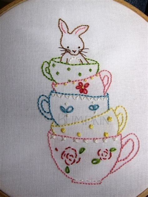 Bunny And Her Teacups Hand Embroidery Pdf Pattern Instant Etsy