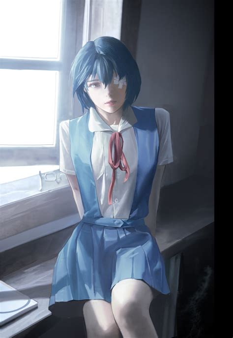 Safebooru 1girl Absurdres Ayanami Rei Bandage Over One Eye Bangs Blue
