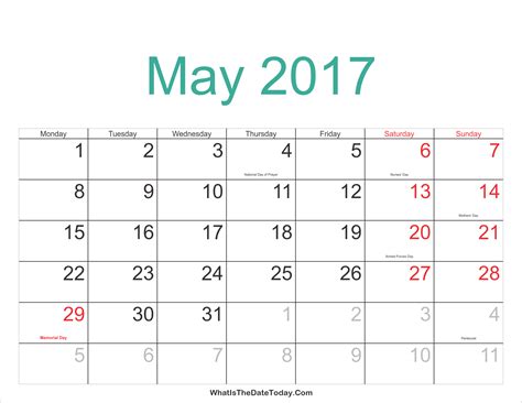 May 2017 Calendar Printable With Holidays Whatisthedatetodaycom