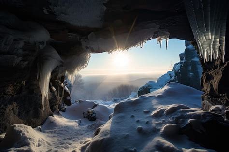 Premium Ai Image Frozen Cavern With Distant View Of The Sun Rising