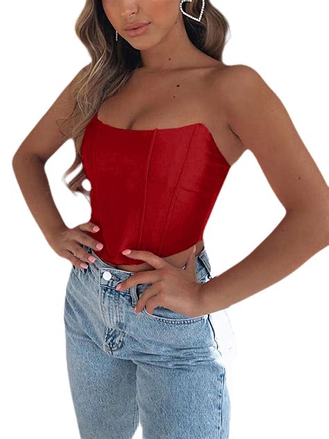 Weigosa Rosa Women S Bright Satin Tube Top Summer Fashion Sexy Off Shoulder Backless Cropped