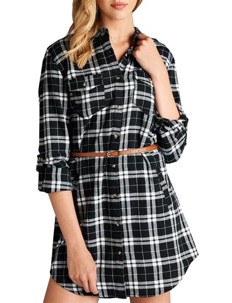 Long Sleeve Flannel Check Plaid Shirts Dress With Belt Boutique Style