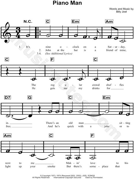 Billy Joel Piano Man Sheet Music For Beginners In C Major Download