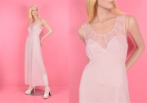 60s 70s Pale Pink Floral Sheer Nightgown Large 1960 Gem