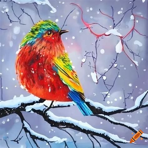 Acrylic Painting Of A Colorful Bird In Snowy Woodland