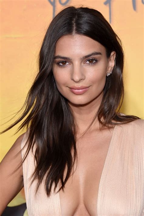 Emily Ratajkowski Straight Dark Brown Angled Side Part Hairstyle Steal Her Style
