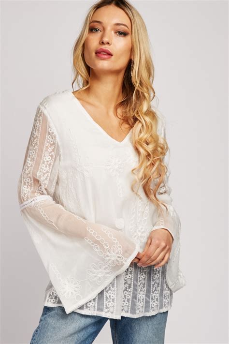 Embroidered Flared Sleeve Chiffon Blouse White Just 6