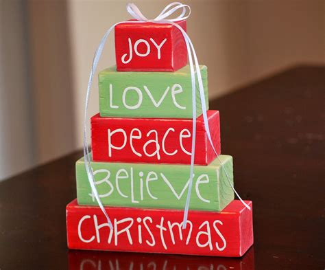 Christmas Joy Love Peace Believe Red And Green Woodenblock Etsy