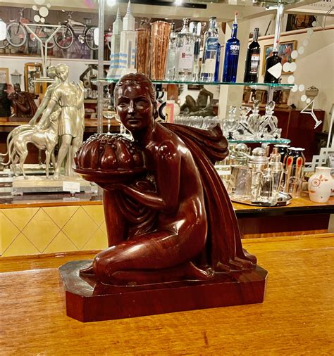 French Art Deco Statue Hand Carved Rosewood Woman With Fruit By G
