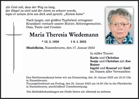 Traueranzeigen Von Maria Theresia Wiedemann Augsburger Allgemeine Zeitung