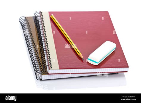 Pencil And Eraser On A Two Notebooks Reflected On White Background